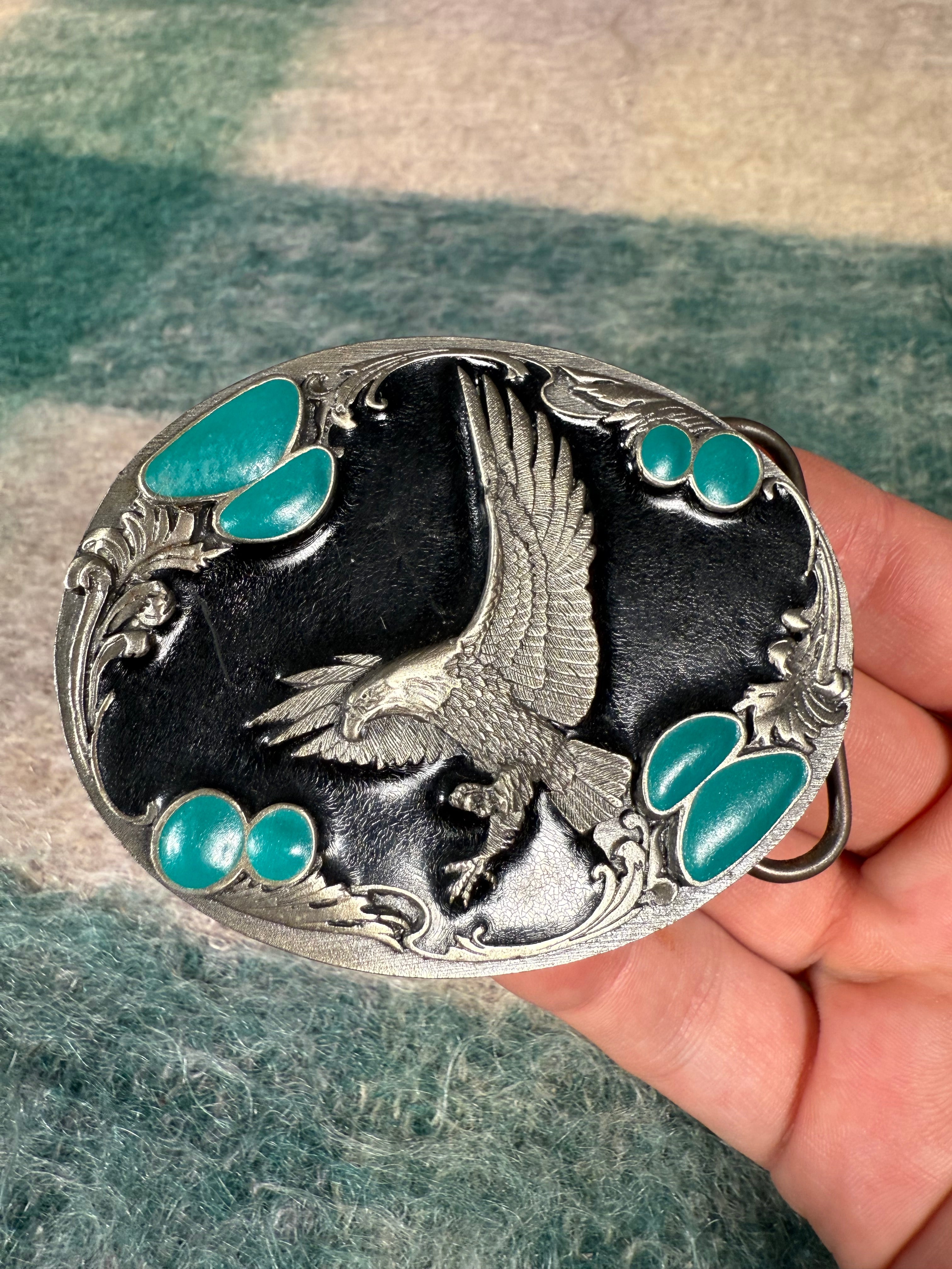 Vintage Black and Turquoise Eagle Belt Buckle