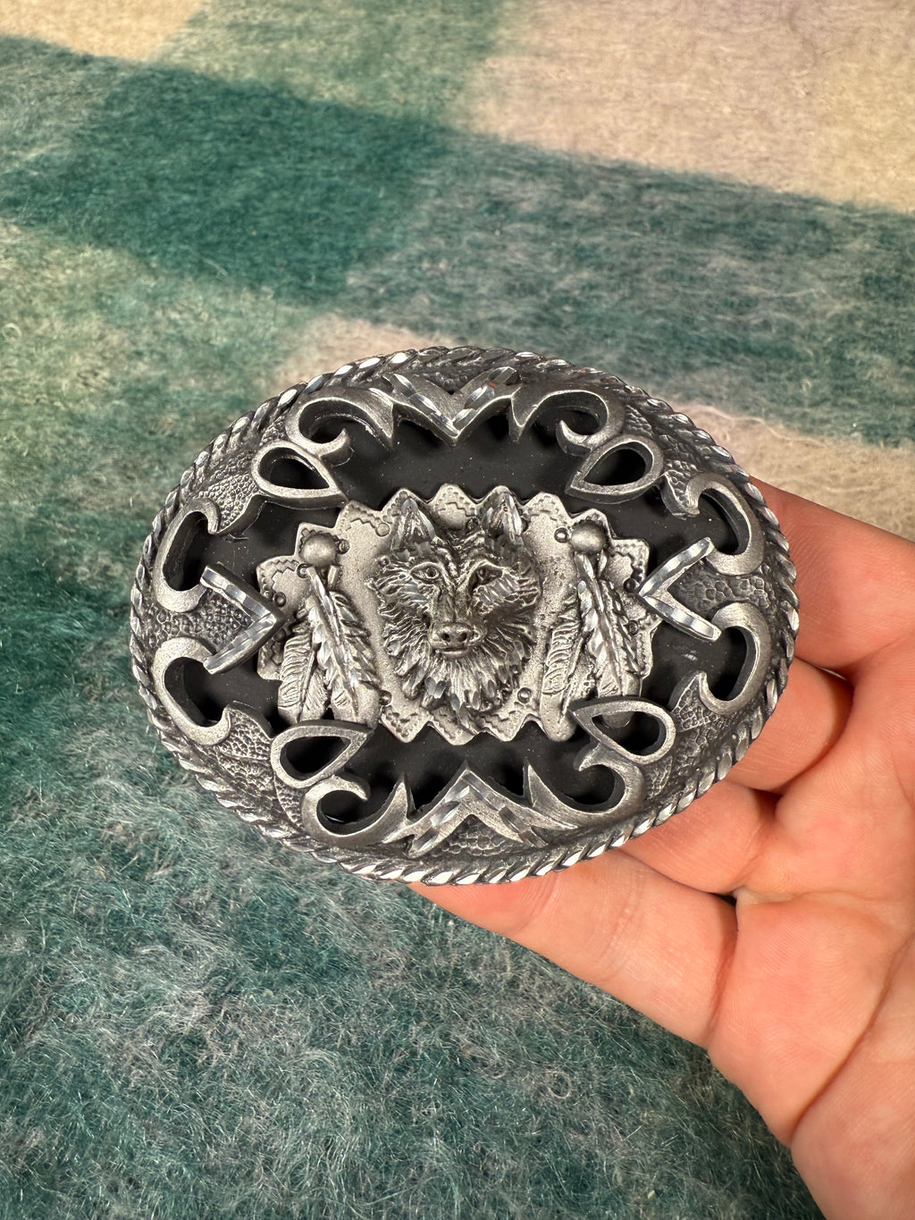 Vintage Black and Silver Wolf Pattern Belt Buckle