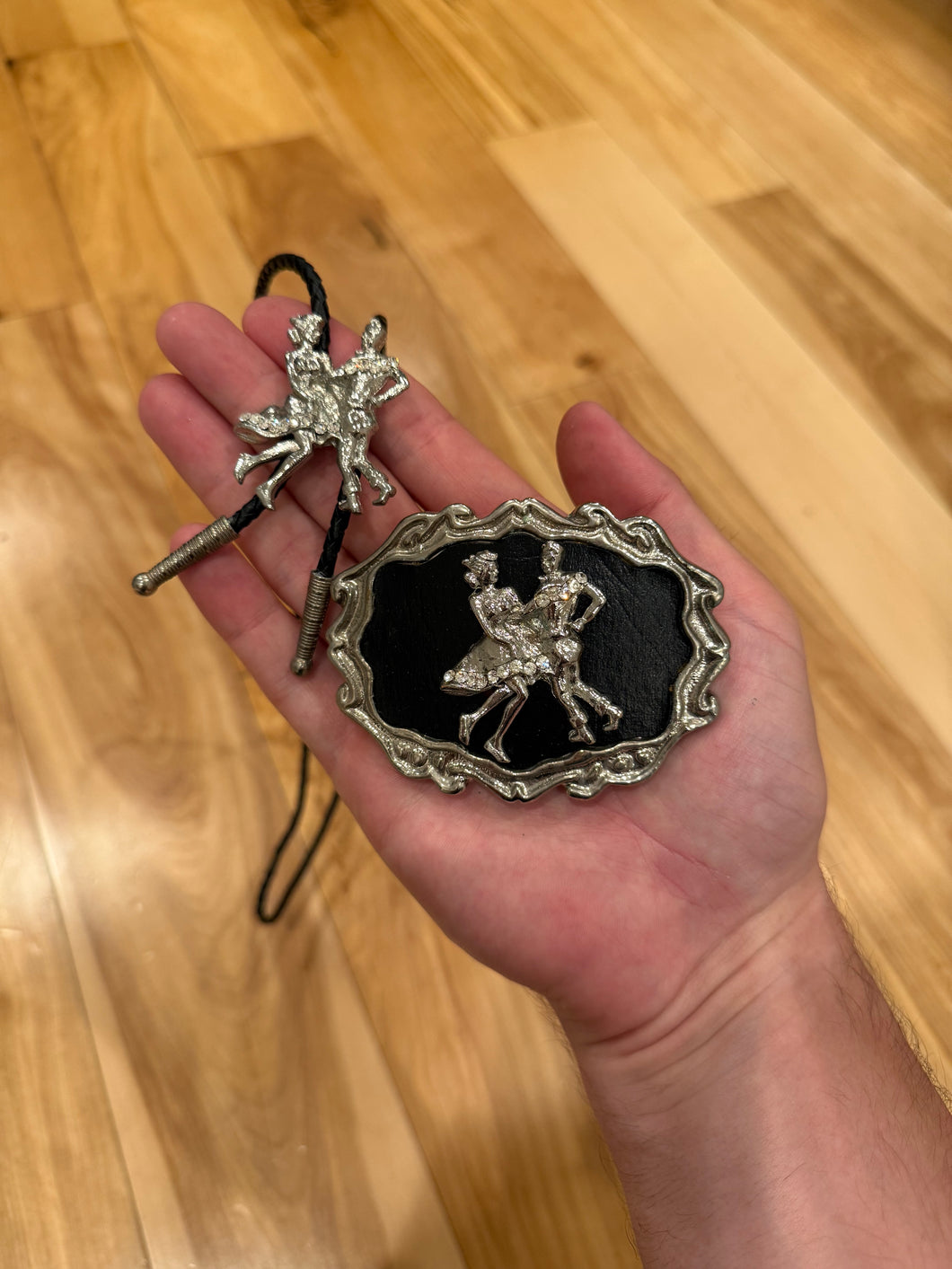 Vintage Line Dancing Belt Buckle + Bolo Tie Combo