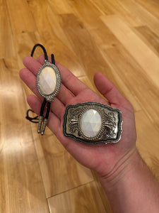 Vintage White Crystal Belt Buckle + Bolo Tie Combo