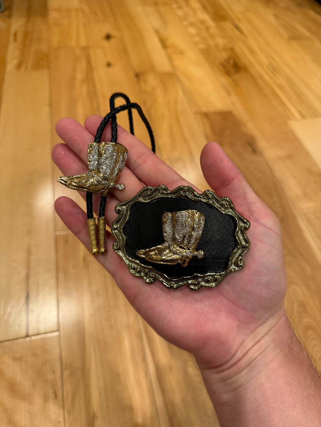 Vintage Gold Cowboy Boots Belt Buckle + Bolo Tie Combo