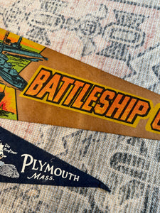 Lot of 2 Vintage Pennants - Battleship Cove and Plymouth Massachusetts