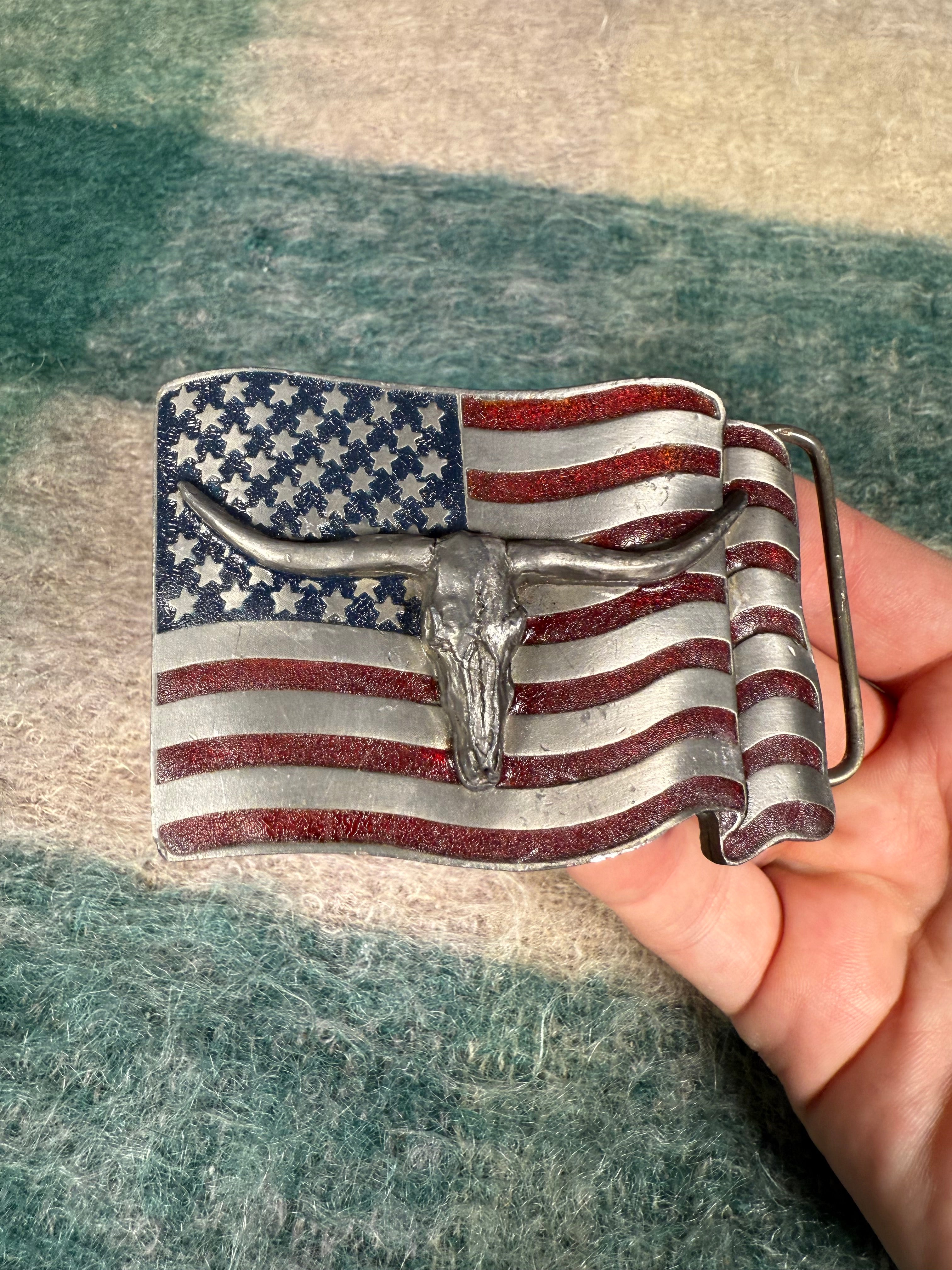 Vintage Longhorn Skull American Flag Belt Buckle