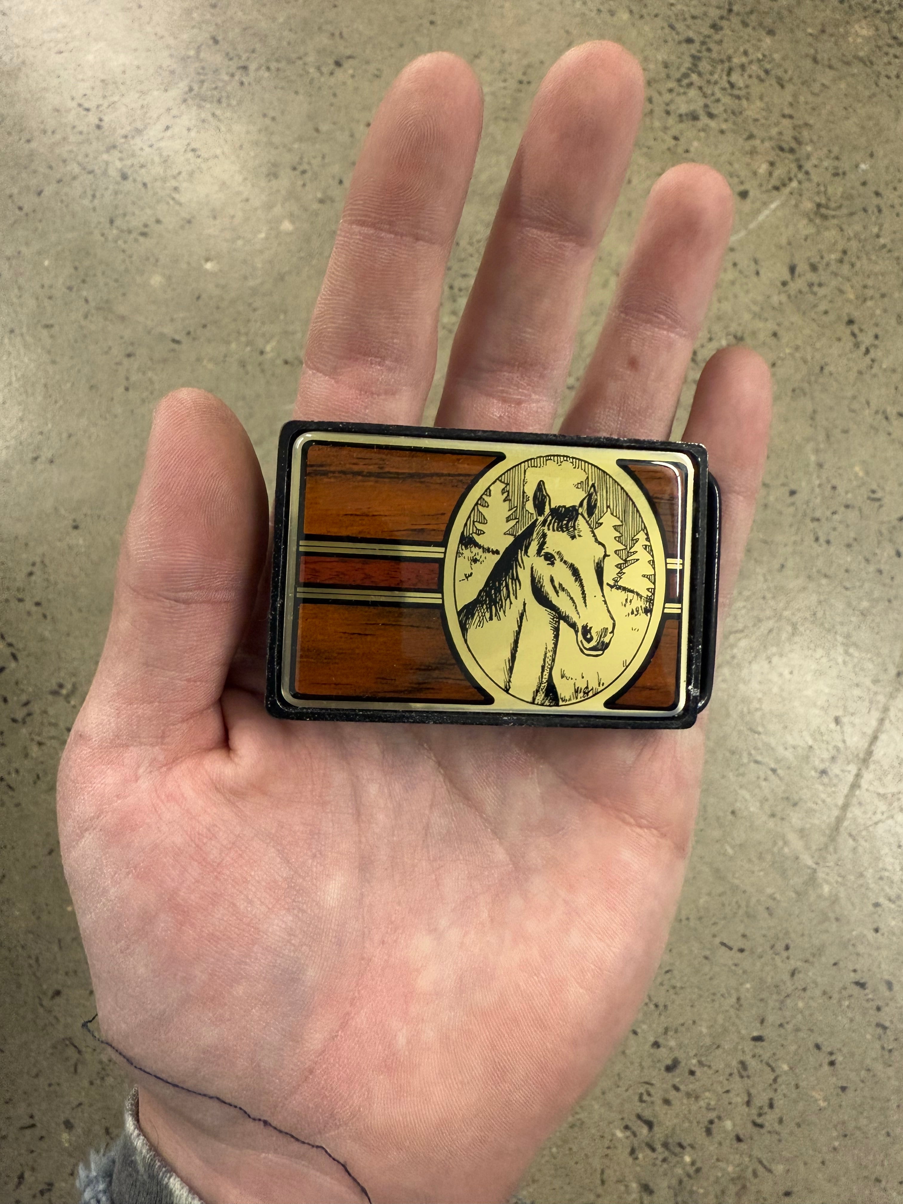 Vintage 80s Horse Wooden Belt Buckle
