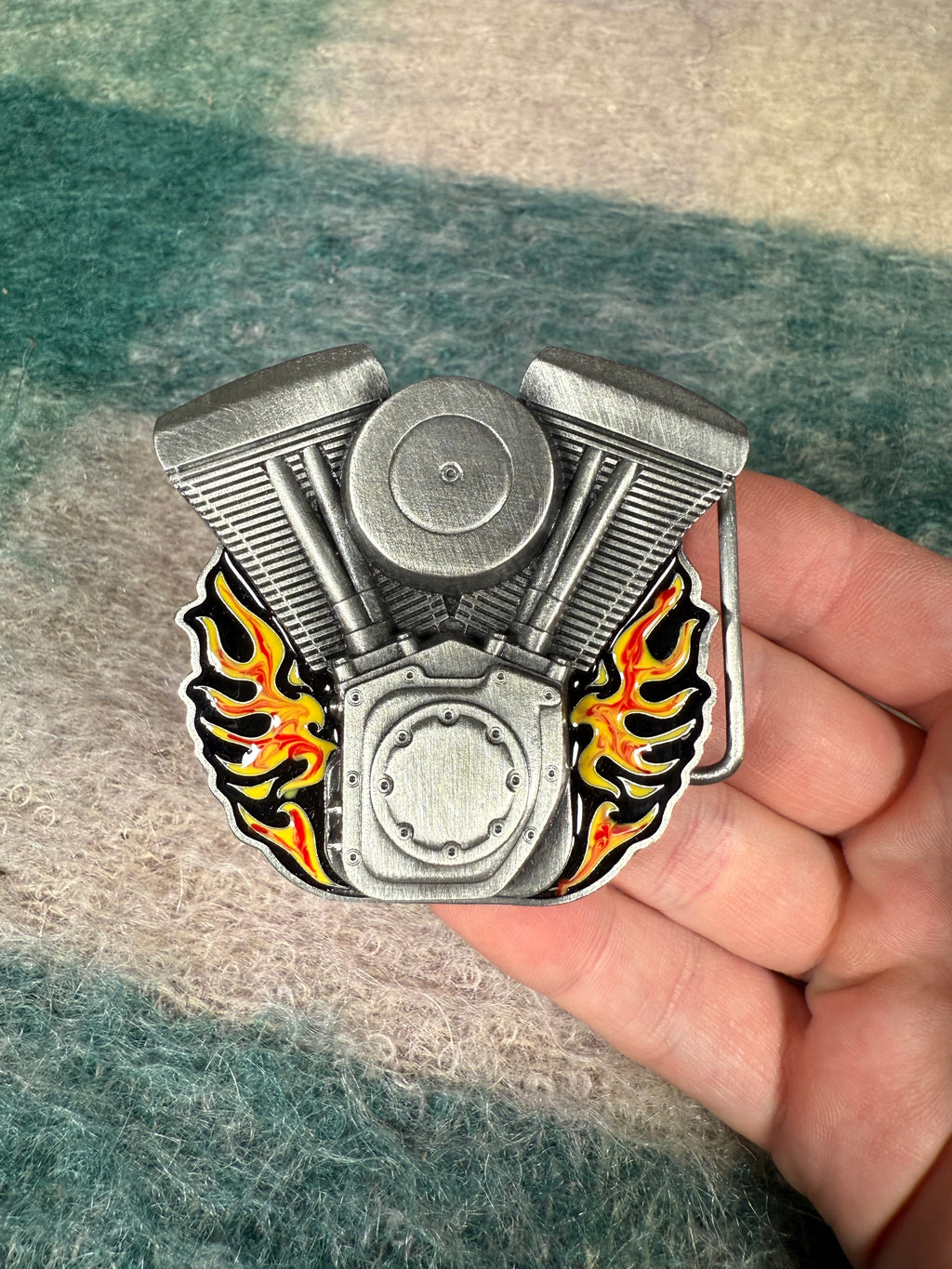 Vintage Flaming Motorcycle Engine Belt Buckle