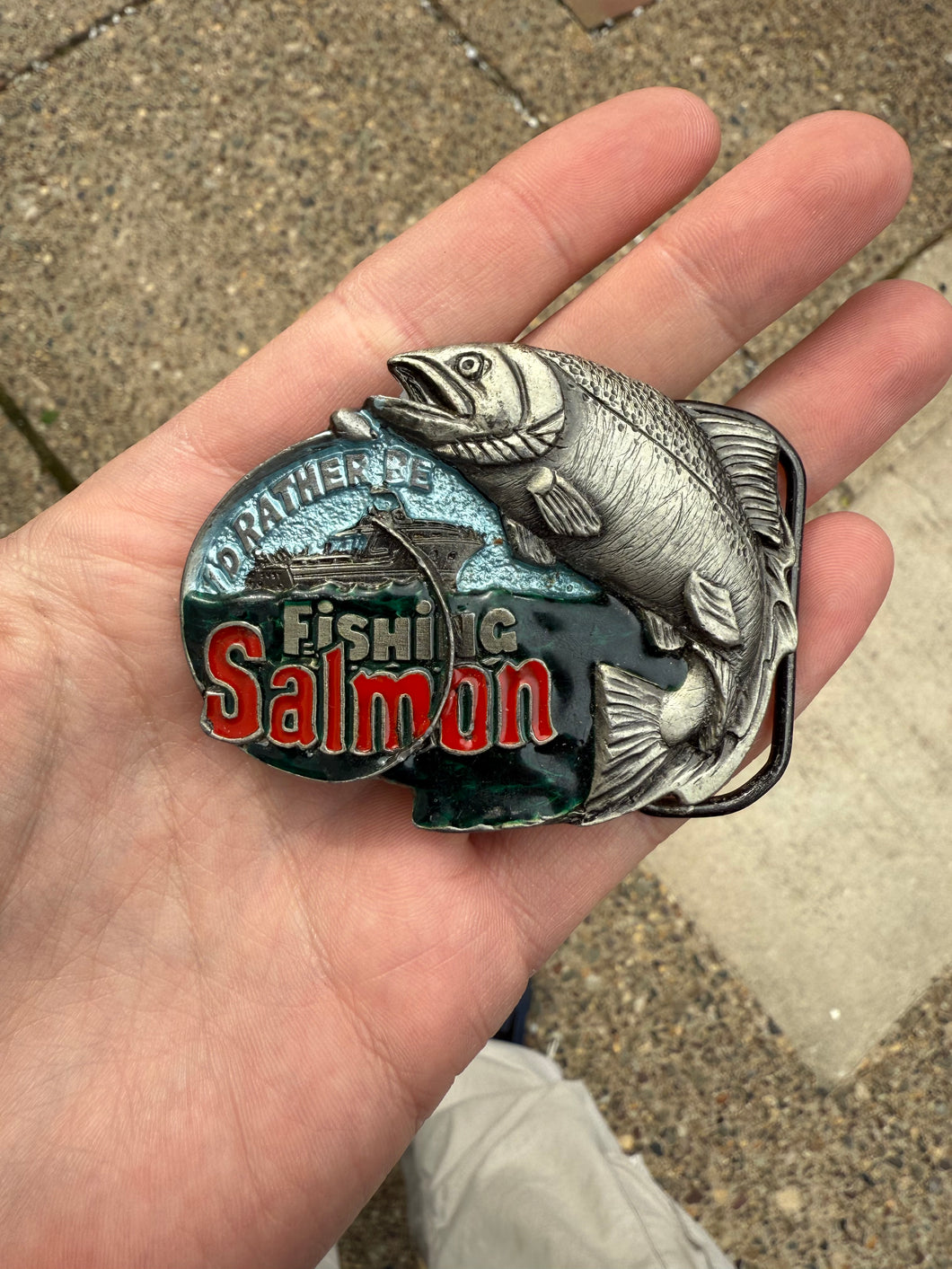 Vintage I’d Rather Be Fishing Salmon Belt Buckle