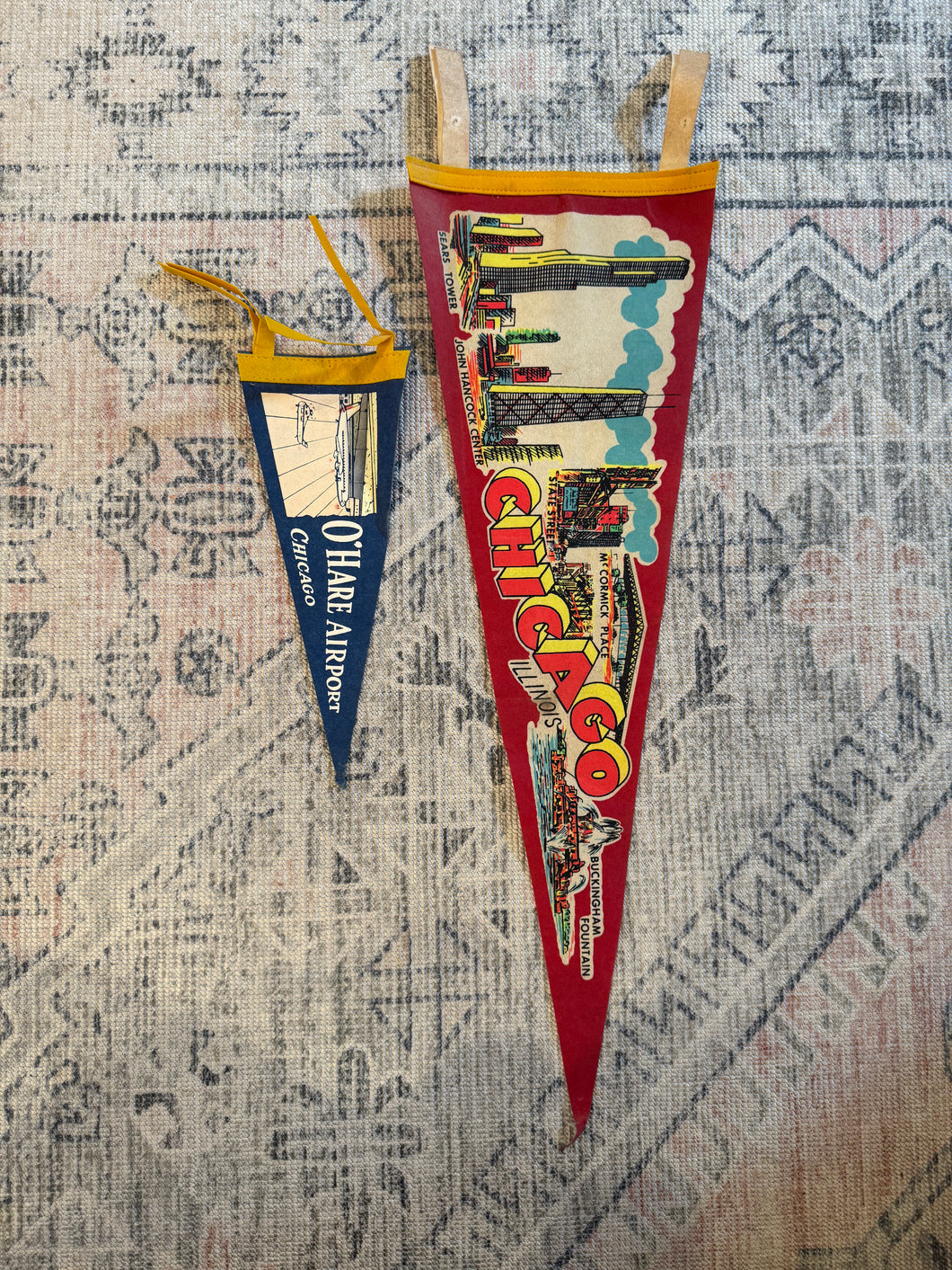 Lot of 2 Vintage Pennants - Chicago and O’Hare Airport
