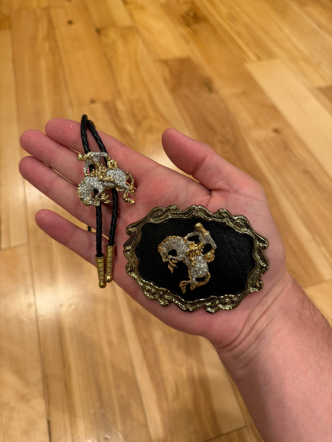 Vintage Rodeo Cowboy Belt Buckle + Bolo Tie Combo