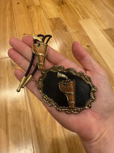 Vintage Gun Holster Belt Buckle + Bolo Tie Combo