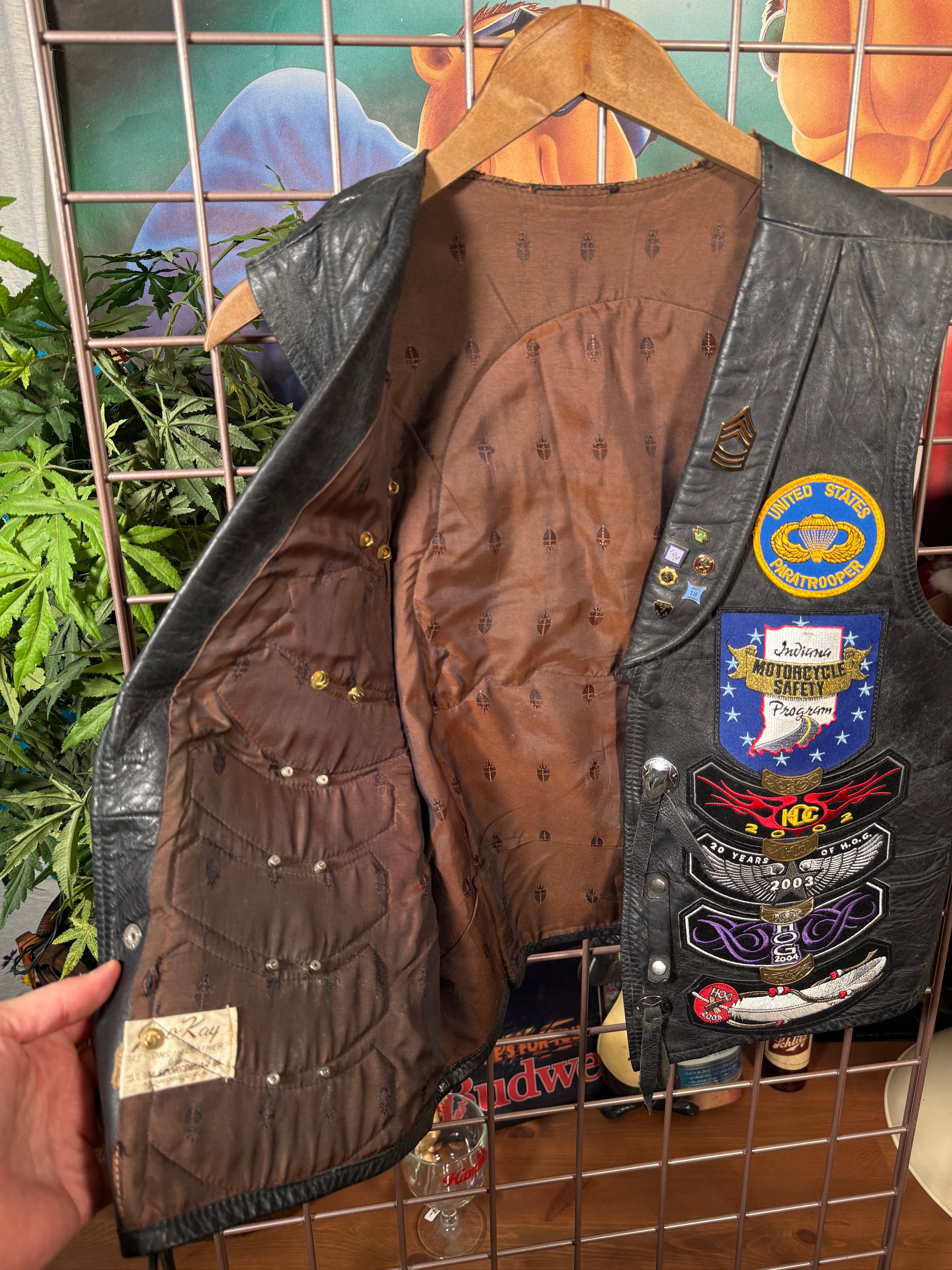 Vintage Leather Biker Vest With Patches and Pins (M)
