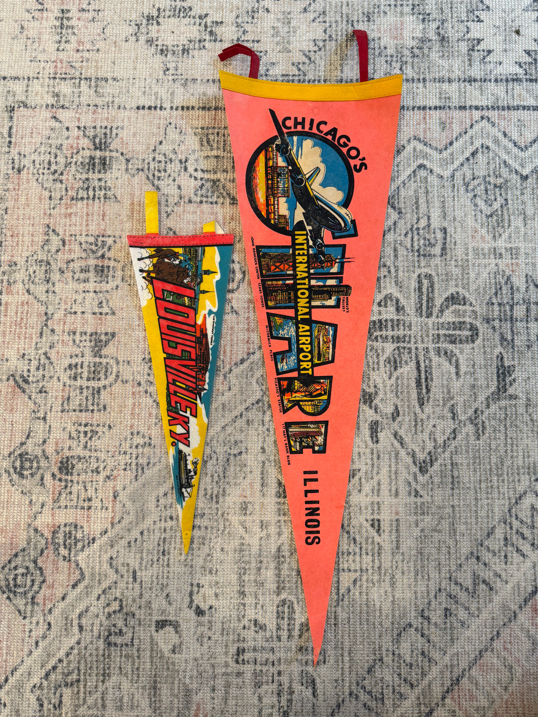 Lot of 2 Vintage Pennants - Chicago O’Hare Airport and Louisville