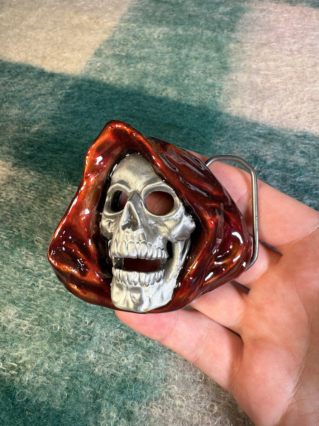 Vintage Grim Reaper With Maroon Hood Belt Buckle